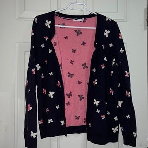Navy blue button down cardigan with pink and white butterflies